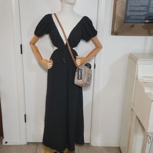 ASTR The Label Black Cotton Wide-Leg 100% Cotton Jumpsuit Size Small Puff Sleeve